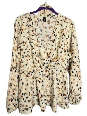 SHEIN Cream Wrap Blouse with Brown and Black Speckle Print